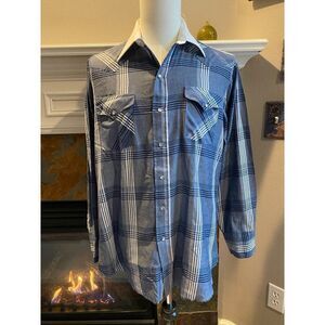 VTG Made in the USA Panhandle Slim Western Shirt Blue Plaid Cotton Blend 16.5-35